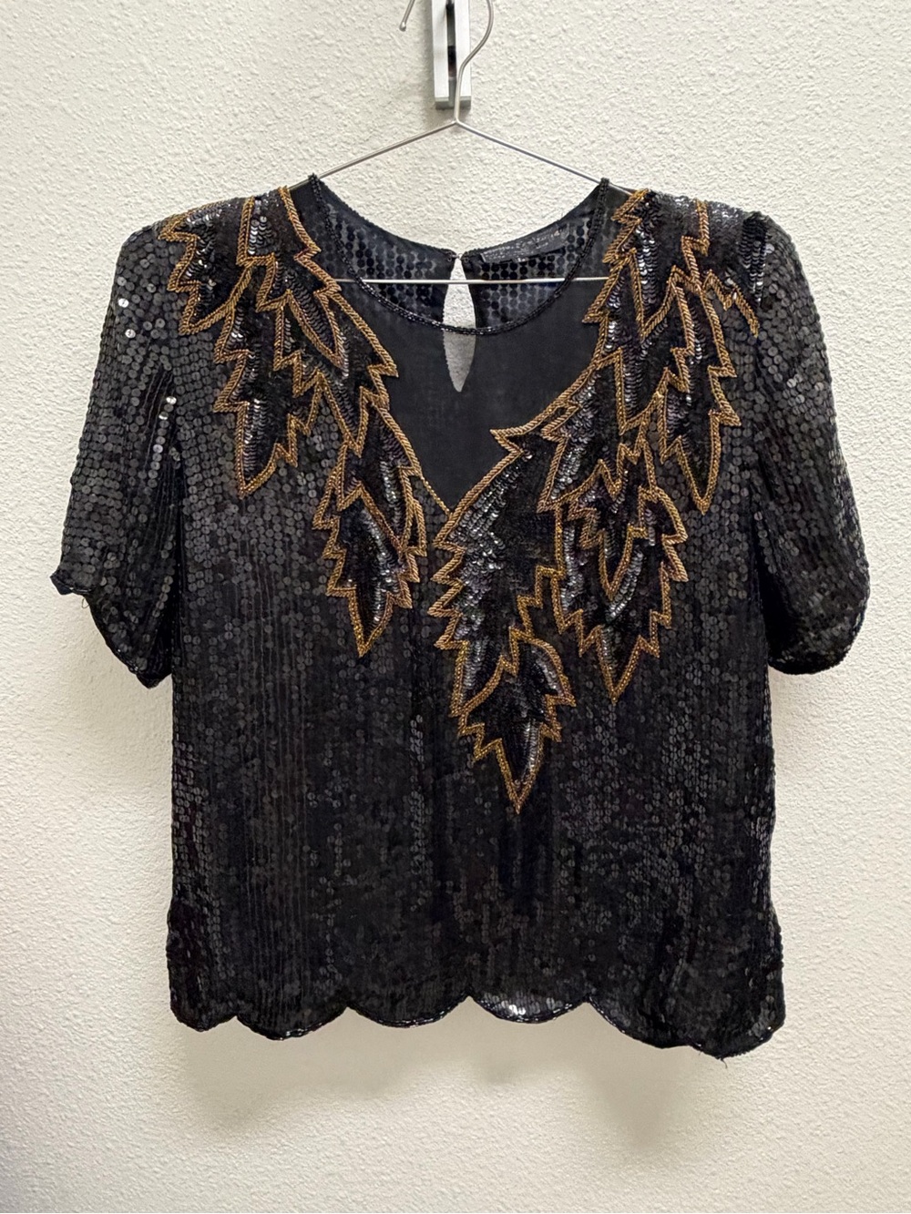 Royal Feelings Black Sequin Embellished Short Sleeve Top with Gold Accent